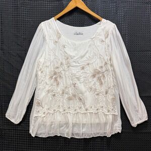 Elena Baldi Blouse Womens M White Silk Blend Floral Embroidered Italy Shabby